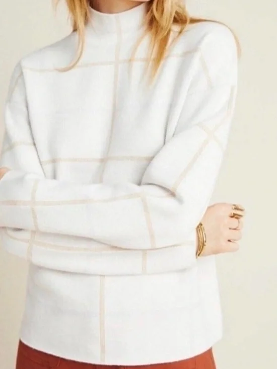 Anthropologie | Neutral Windowpane Mockneck Sweater - Picture 2 of 6